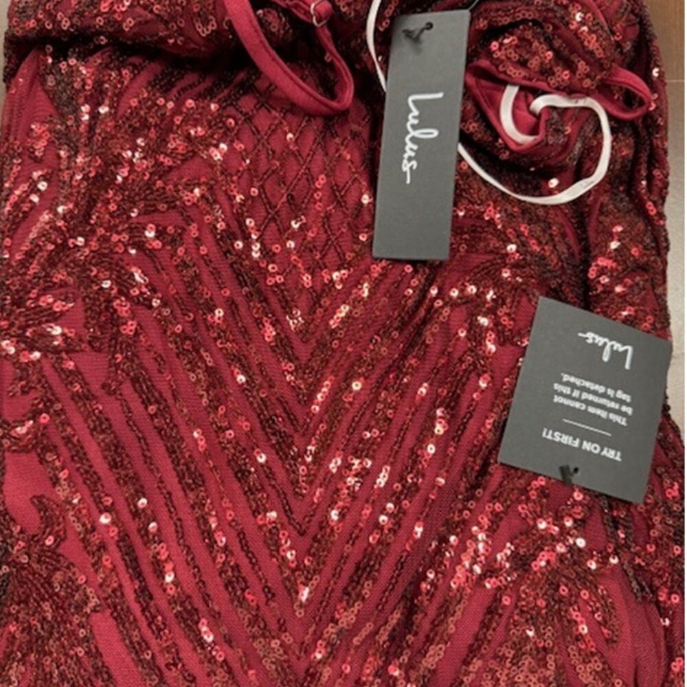NWT Lulus Ever So Elegant Shiny Burgundy Sequin Mermaid Maxi Dress - Picture 6 of 9